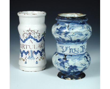 An 18th century Savona and another drug jar, possibly Brussels, the two bun shaped lobes of the first painted in blue with pu
