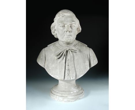 A patent photo-sculpture by François Willème, circa 1860, a plaster moulded bust of a Papal subject, inset brass maker's plaq