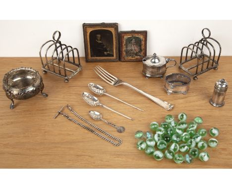 Collection of various silver and miscellaneous items comprising a pair of silver toast racks, a Victorian table salt, a pair 