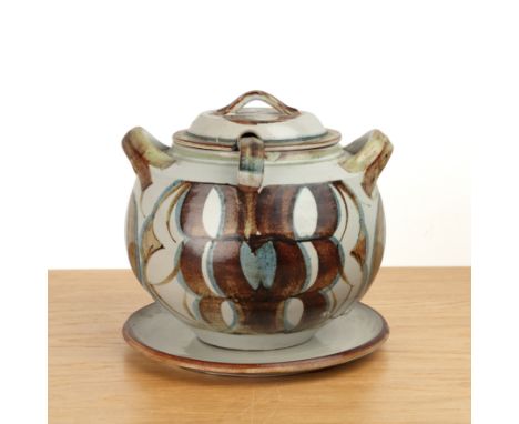 Aldermaston Pottery tureen and cover with ladle on stand, with repeating motifs, the tureen is signed with unknown signature 