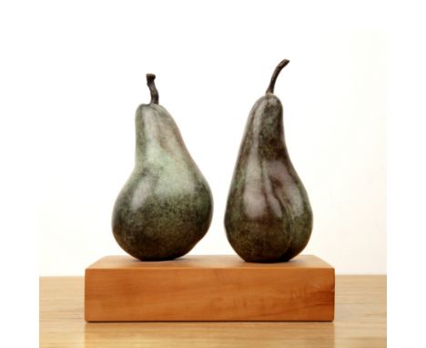 Veda Hallowes (b.1941) 'Expectant Pair (Two pears)', bronze sculpture on wooden plinth, numbered 1/8, signed to the base, 16c