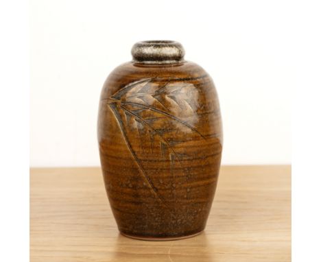 Attributed to Phil Rogers (1951-2020) iron glazed vase, with incised tree decoration, unmarked, 17.5cm high  Overall good con