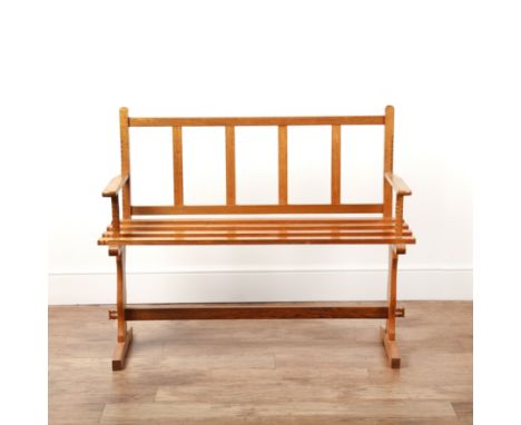 Cotswold School style oak, bench, with carved details, 121cm wide x 97cm high x 48cm deep  Overall wear, marks and scratches.