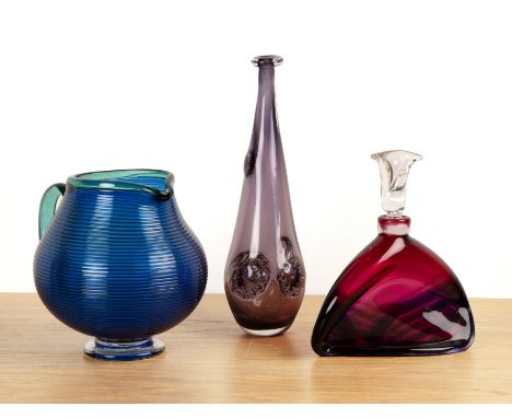 Collection of studio glasscomprising of a Bob Crooks (b.1965) blue ribbed jug, signed to the base, 19cm high, a Steve Lindars