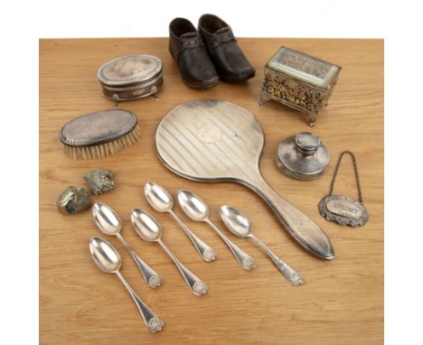 Collection of items to include: a pair of small leather shoes, gilt metal and glass box and a selection of silver comprising:
