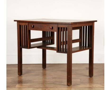 Arts and Crafts oak, kneehole desk, with a kneehole drawer and a shelf on either side, 91cm wide x 77cm high x 62cm deep  Ove
