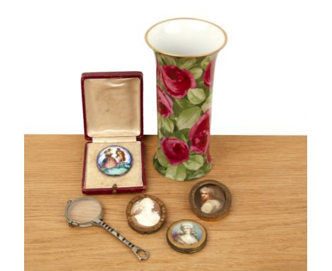 Collection of miscellaneous items comprising a Rosenthal rose vase, printed mark to the base, 17.5cm high, a small cameo broo