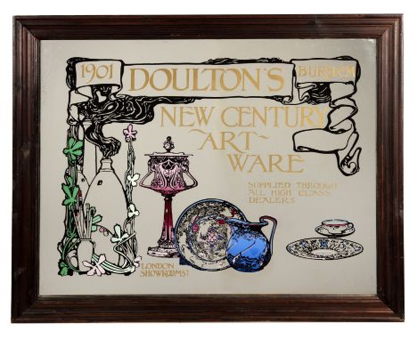 Doulton advertising mirrorin the Art Nouveau style, reads 'Doulton New Century Art-Ware, London Showrooms' with enamel decora