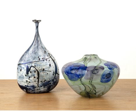 Peter Layton (b.1937) two pieces of studio glass, one a large 'Floral' design flattened vase, signed and dated 1990 to the ba