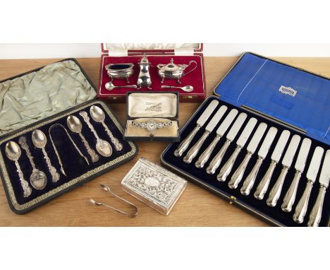 Collection of various silver and white metal items comprising a white metal snuff box with repoussé decoration, a cased set o