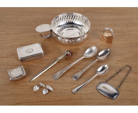 Collection of miscellaneous items to include a novelty padlock stamped '14k', 70g approx overall, a white metal tas de vin wi
