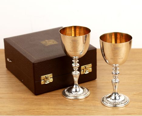 Cased pair of limited edition silver presentation gobletscommemorating 'The Silver wedding anniversary of Her Majesty Queen E