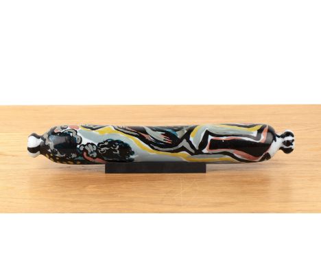 In the manner of Duncan Grant (1885-1978) Bloomsbury Group, glass rolling pin, painted with nude figures, unsigned, 37cm long