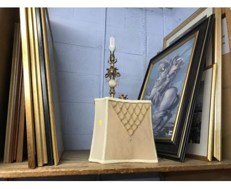 Various gilt framed prints and a lamp
