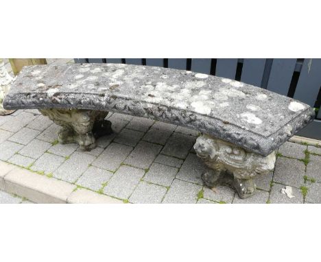 A reconstituted stone curved twin pedestal garden bench, length 160cm