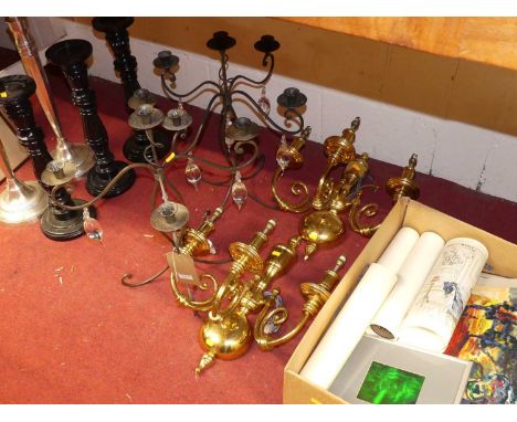 A pair of reproduction lacquered brass three-branch wall lights, wired for electricity; together with a pair of wrought iron 