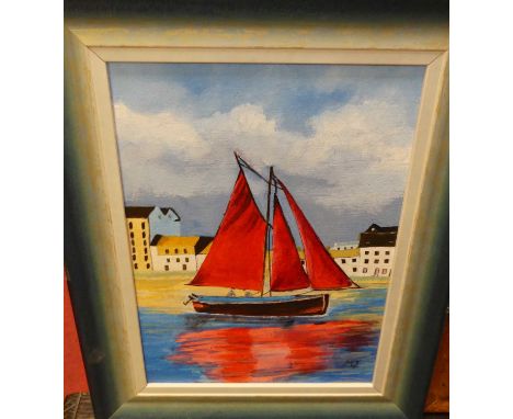 M.C.F (Irish XX) - Part of the Claddagh Basin, Galway, acrylic on canvas; together with other nautical artworks, one being oi