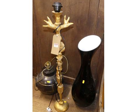 A contemporary gilt cast metal totem table lamp, in the style of Mark Brazier-Jones, h.83cm; together with a large two-tone g