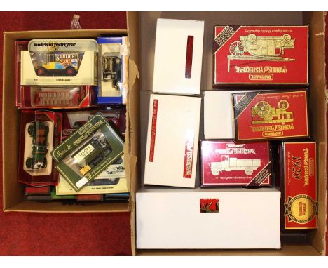 Two boxes containing mostly Matchbox modern issue diecast to include Models of Yesteryear 1936 Leyland Cub Fire Engine, Model