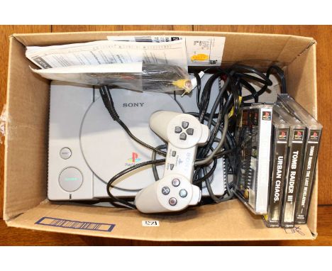 A Play Station 1 video game console, to include one joystick and four video games
