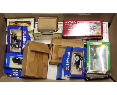 A box containing modern issue diecast models to include Corgi Classics No. 33803 British Rail Bedford OB coach, John Deere 31