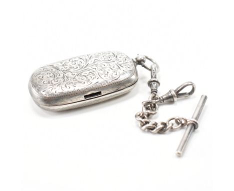 A hallmarked silver sovereign case &amp; fob chain. The case having scrolling foliate engine turned design with a central une