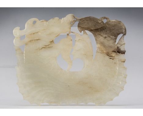 A Chinese Jadeite Jade carved panel, depicting a mythical finned and scaled dragon fish, 12cm x 9.5 in later silk lined box