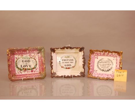 Three 19th century ceramic lustre wall plaques, transfer-printed religious phrases, together with a later wall hanging depict