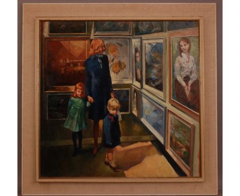 Alison M. Dickens (British, 1917-?), The Exhibition', oil on board, signed bottom left, 66cm x 65cm 