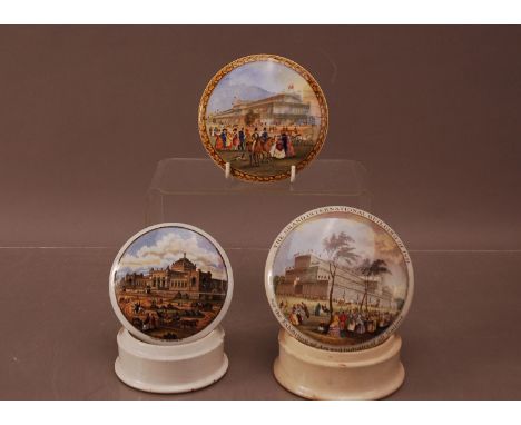 Three 19th century Exhibition themed ceramic pot lids, Two with the Great Exhibition, one with the Great Exhibition written r