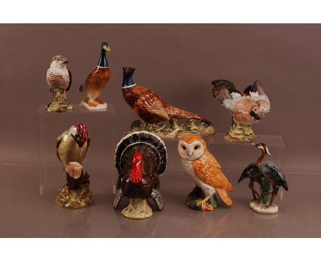 A collection of assorted Beswick ceramic birds, including a turkey, Pheasant, owl and a West German figural group of two bird