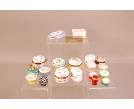 A large collection of small enamel boxes, including Halcyon days examples, Crummles &amp; Co., AF, together with an agate snu
