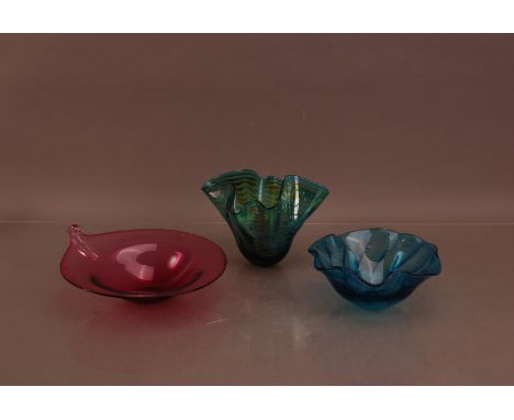 A studio glass handkerchief style bowl by Peter Layton,  43.5cm in sea blue with cream and light brown trailing, signed and d