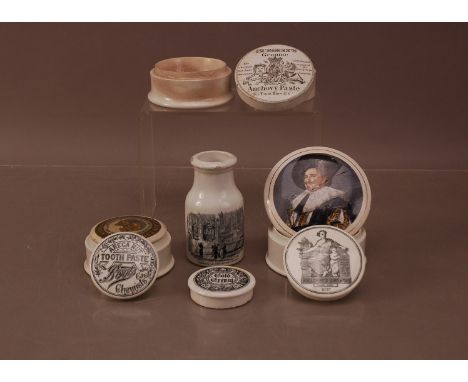 An assorted group of 19th century ceramic pot lids, including an AF lid of a Stuart Gentleman, 11.5cm diameter, a Holloway's 