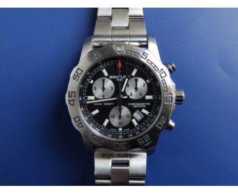 A boxed gent's stainless steel Breitling Colt Chronograph II bracelet wrist watch, the black dial with three subsidiaries, ca