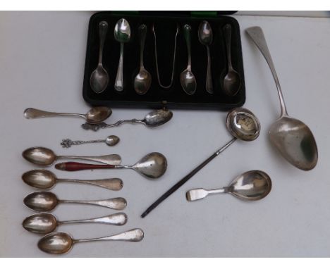 A cased set of six Walker &amp; Hall silver coffee spoons with tongs,  a William IV silver caddy spoon - WE, London 1831 and 