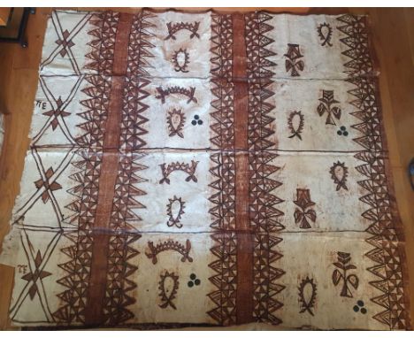 A large Fijian Tapa cloth with painted motifs, 87" x 77".