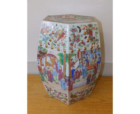 A Cantonese porcelain garden seat, 18" high - repaired.