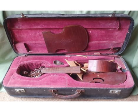 A handmade viola, made in 1959 by Dietrich Kessler, in pieces but appears to be complete, the case 30.5" long.