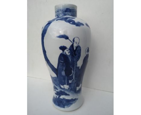 A Chinese blue &amp; white porcelain  meiping vase decorated  large figures beneath a tree to one side,  12" - internal hairl