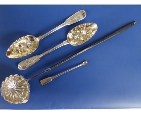 A pair of Edinburgh silver berry spoons -1814,   8.5", a silver fiddle pattern snuff spoon - RG, Sheffield 1830 and a toddy l