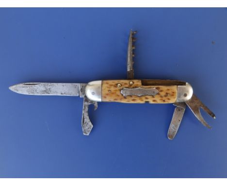 A Solingen Richartz 'Lamp Post' multi-blade folding pen knife,  3.5" closed - handle cracked.