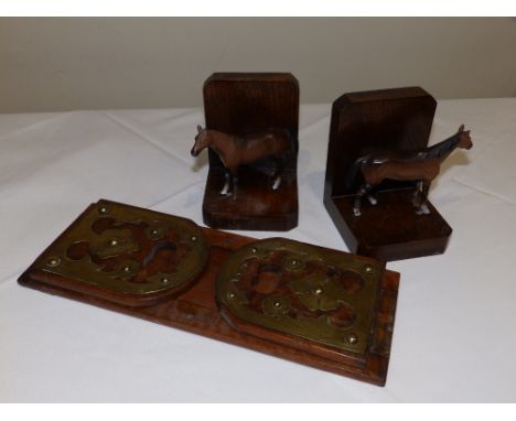 A pair of wooden bookends each mounted with small cold painted lead horse, 5" high together with a Victorian book trough. (3)