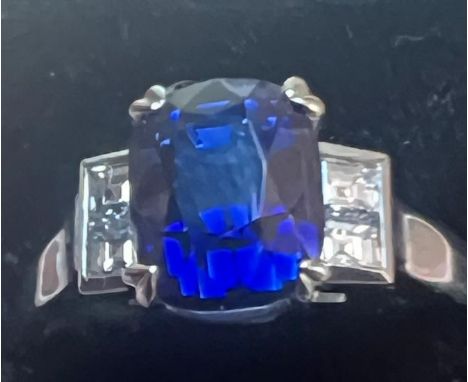 An art deco style certified natural 3.61 carat Sri-Lankan sapphire &amp; diamond ring, the four-claw set rectangular cushion 