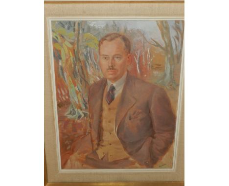 A 20th century portrait of a gentleman, signed 'M. Lance' lower right, bears Royal Academy exhibition label to verso. H: 60cm