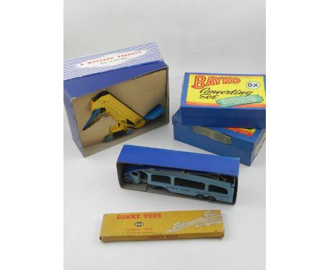 Dinky, England. A Pullmore car transporter, together with a Dinky elevator loader, and two Bayko converting sets. 