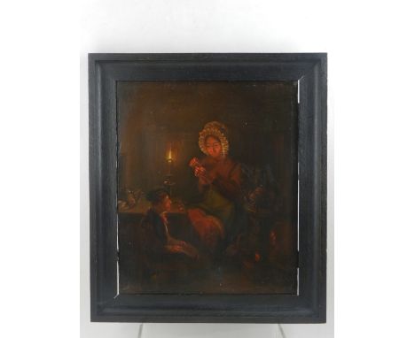 After Petrus van Schendel, (19th century Dutch School), 'Interior scene with candle light' oil on panel, H. 32cm, W. 26cm