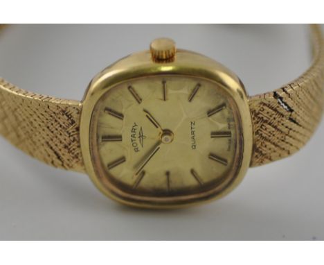 A ladies 9ct gold Rotary quartz wristwatch, the cushion shaped dial marked baton numerals on 9ct gold bracelet strap (31g gro