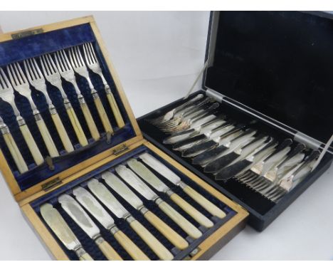 A quantity of silver plated flatware, together with a cased set of bone handled knives and forks. (Qty)