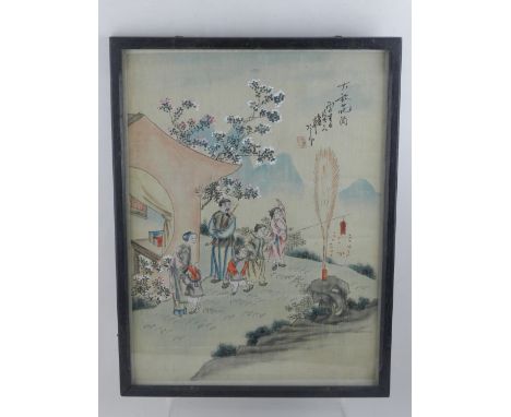 A set of two Chinese late Qing / early Republic period framed watercolours, one depicting children playing in a garden, the o